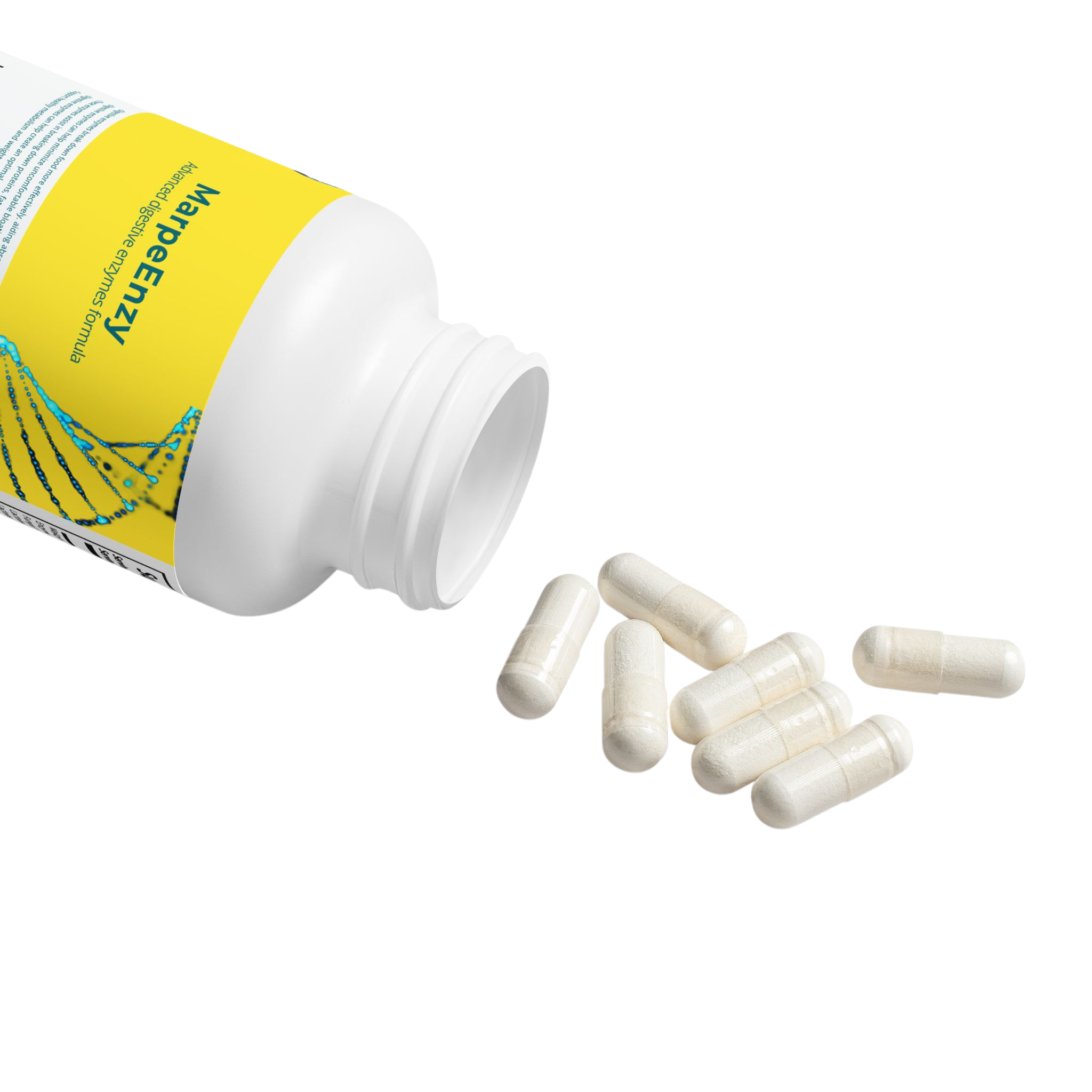 MarpeEnzy in a white container that slanted with capsules on the transperent surface indicating the the capsules are poured from bottle