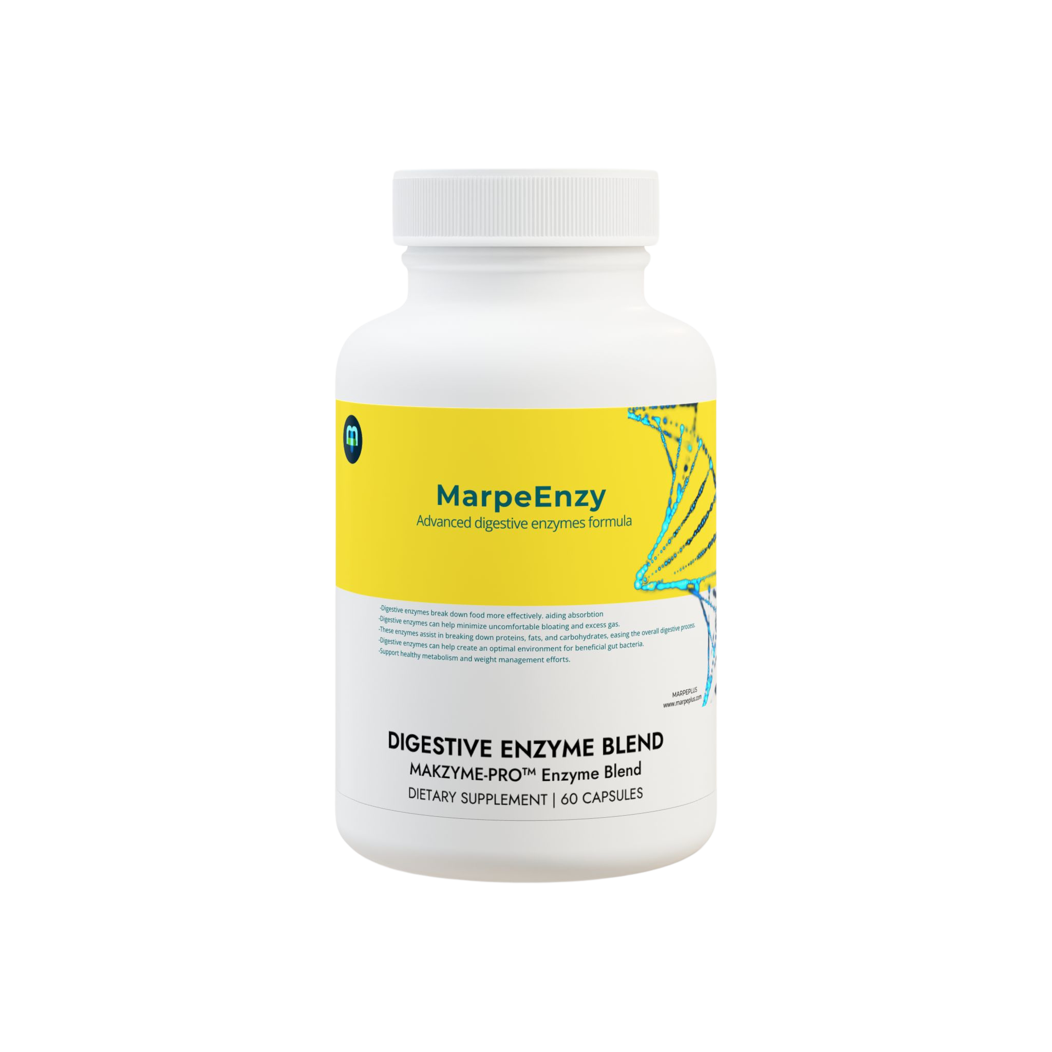 A white supplement container with a yellow label, which had half of a colorful star on the side. "MarpeEnzy" is written in the middle of the label. Below the container, at the bottom "Digestive Enzyme Blend" is written in bold capital letters.