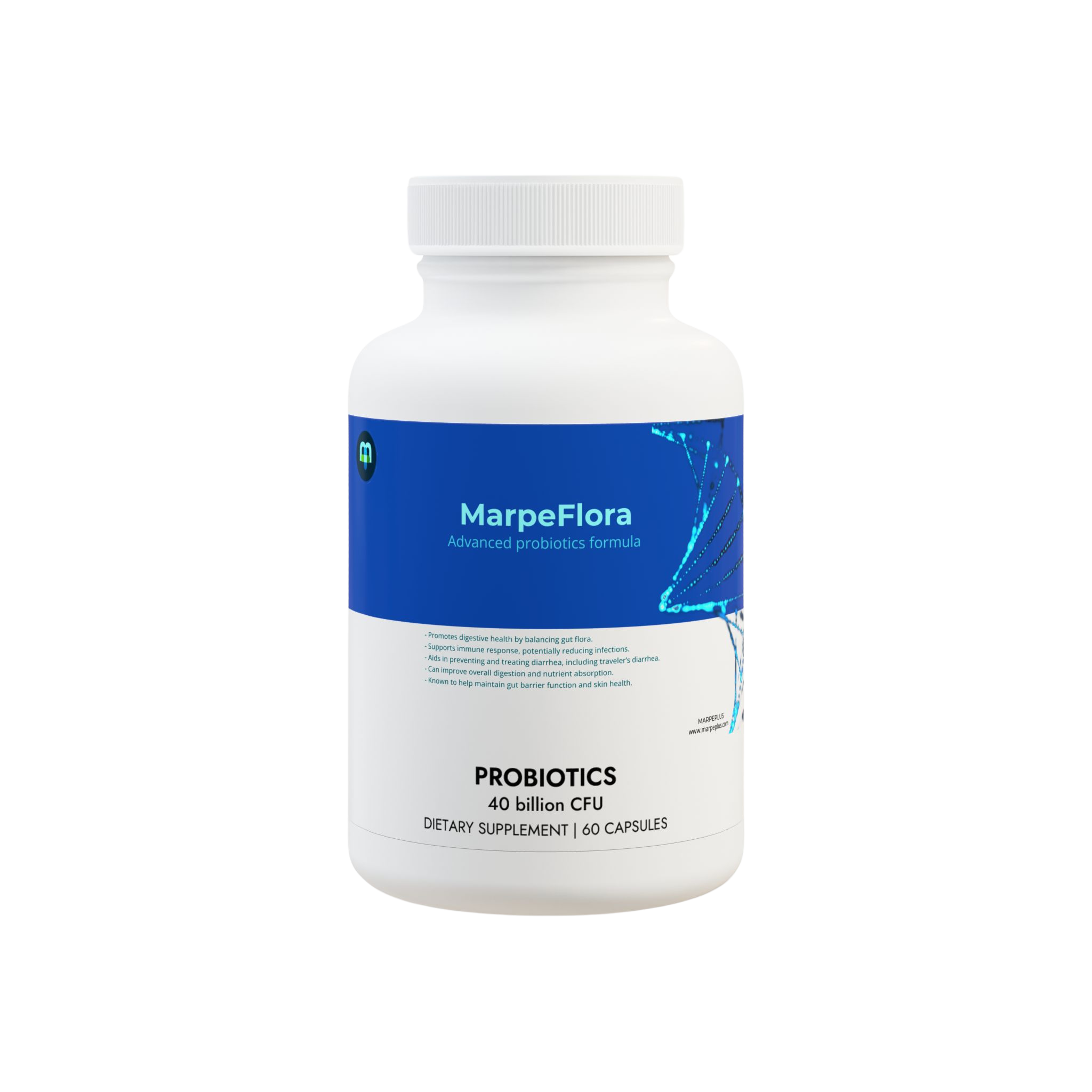 MarpeFlora Probiotics in a white bottle and blue label and alone with atransperent background