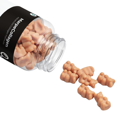 MarpeCllagen in a transperent container that slanted with capsules on the transperent surface indicating the the capsules are poured from bottle
