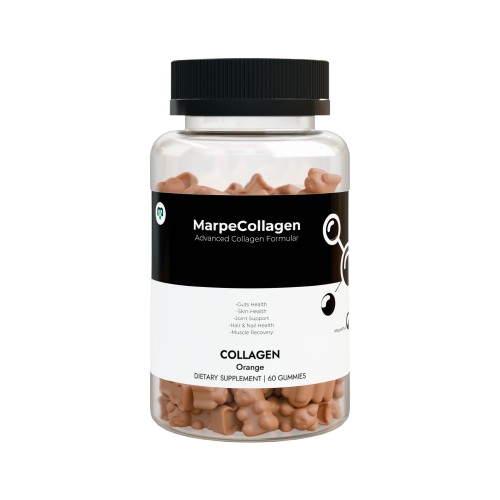 MarpeCllagen in a transperent container that slanted with capsules on the transperent surface